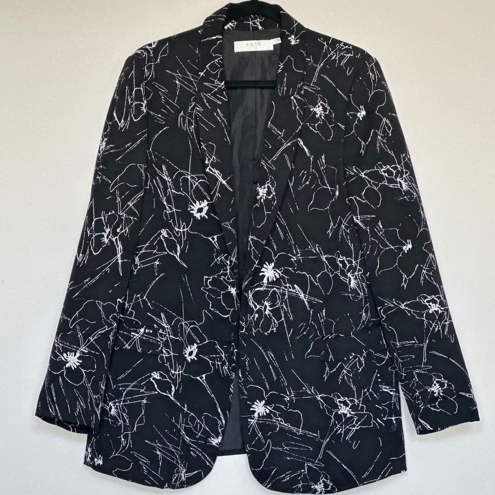 ASTR The Label Black White Abstract Floral Sketch Print Blazer Jacket Size Large - Picture 1 of 11